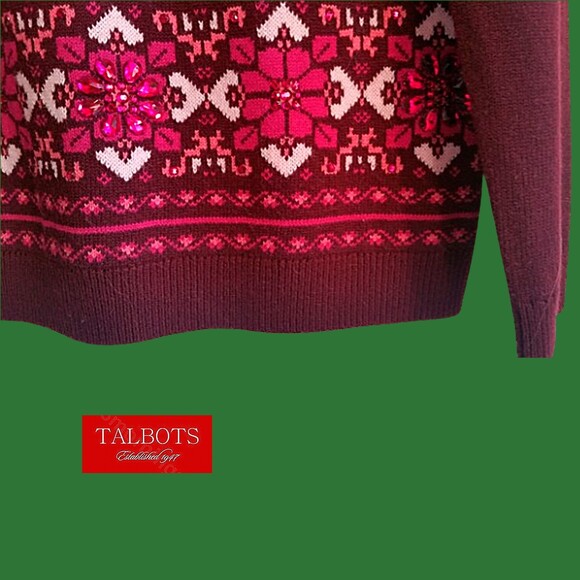 TALBOTS NEW Artsy Maximalism Lambswool Blend Medallion/Crystals Jewel Sweater M - Picture 7 of 12